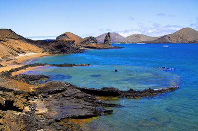 A colorful mineral lagoon in the waters around bartolome island