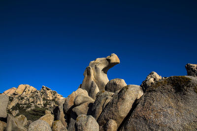 Low angle view of rock formation against clear blue sky