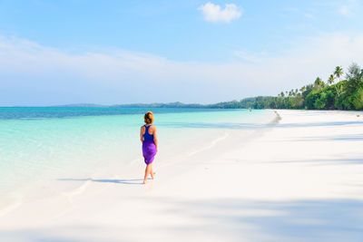 Rear view of man on beach against sky