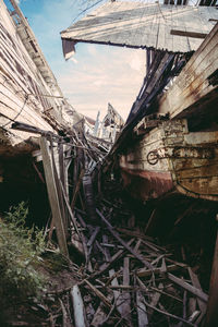 Old broken boat on field in forest