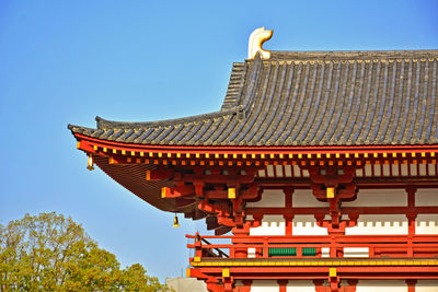 Low angle view of traditional building against clear blue sky