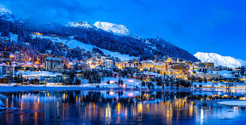 Reflection of buildings on snow covered mountain against sky