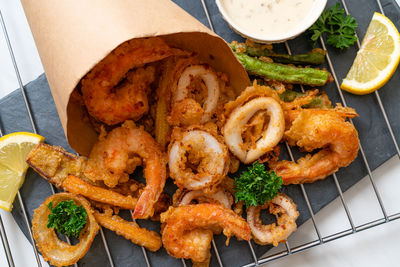 High angle view of food served on table