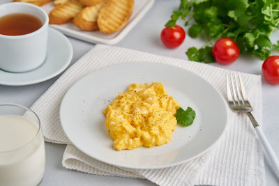 High angle view of breakfast served on table