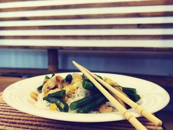 Close-up of food in plate on table