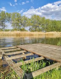 Scenic view of lake by trees against sky