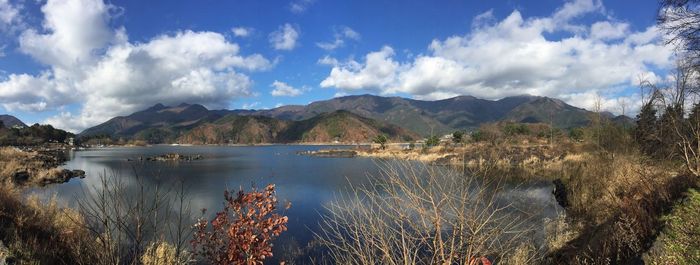 Scenic view of lake and mountains against sky