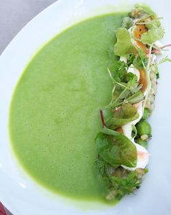 Close-up of green soup in bowl