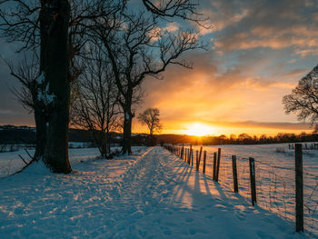 Scenic view of snow covered field against sky during sunset