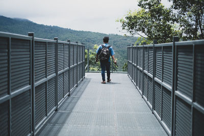 Rear view of man standing on footbridge