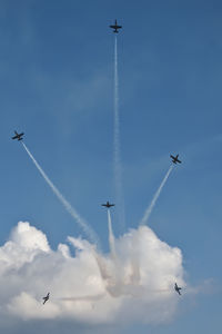 Low angle view of military airplanes flying in sky