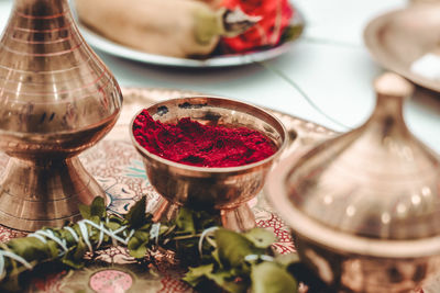 High angle view of spices in glass on table