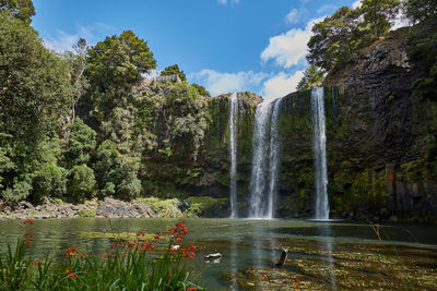 Scenic view of waterfall in forest against sky