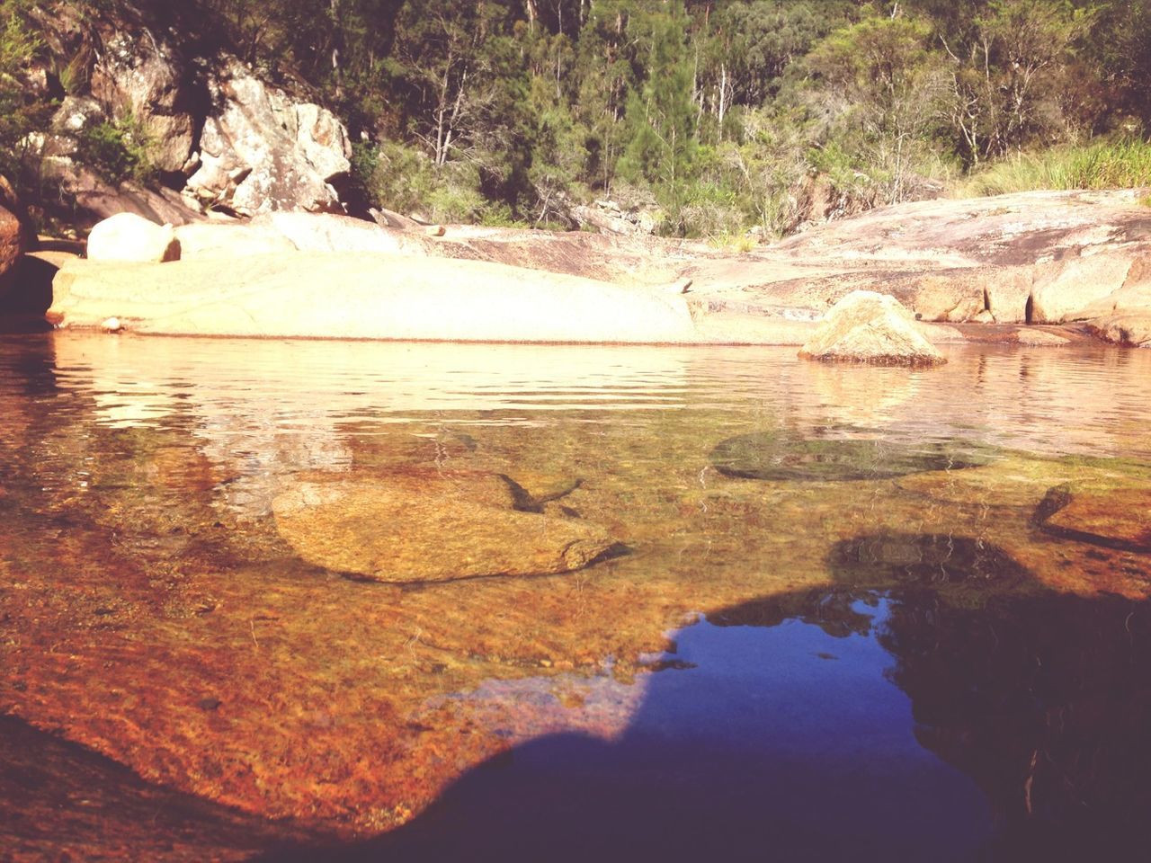 water, tranquility, reflection, rock - object, tranquil scene, nature, beauty in nature, scenics, tree, rock formation, waterfront, lake, river, stream, rock, forest, high angle view, day, idyllic, non-urban scene