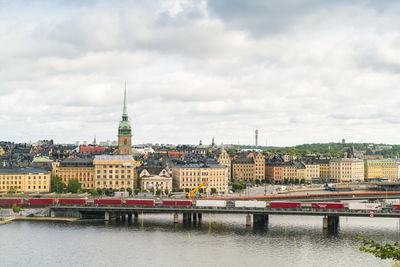 View of the skyline of gamla stan and stockholm with the train track