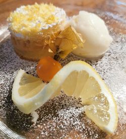 High angle view of dessert on table