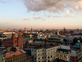 High angle view of townscape against sky during sunset
