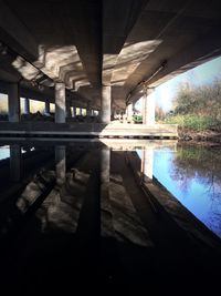 Reflection of bridge on river against sky