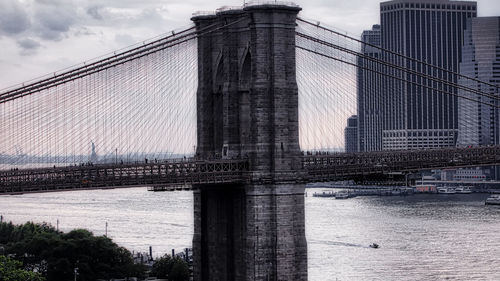 View of suspension bridge against cloudy sky