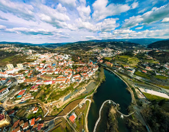 Aerial view of cityscape against sky in amarante