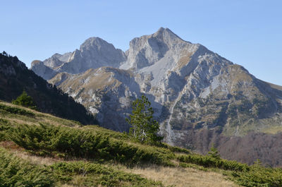 Low angle view of mountain range against clear sky