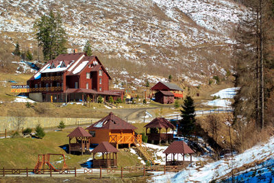 Houses and buildings in city during winter