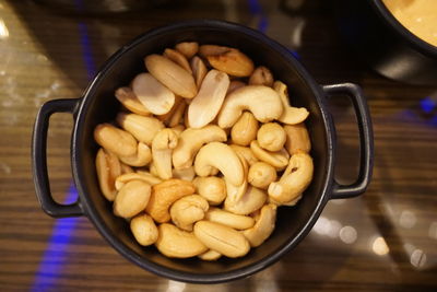 High angle view of noodles in bowl on table