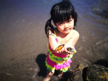 Portrait of girl holding shells on shore at beach