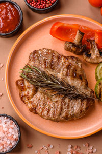 High angle view of food in plate on table