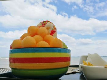 Close-up of fruits in bowl on table