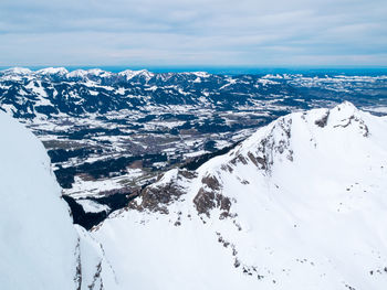 Aerial view of snowcapped mountains against sky