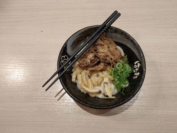 High angle view of food in bowl on table