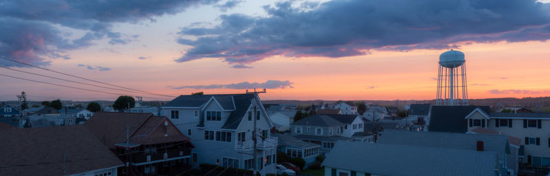 High angle view of townscape against sky at sunset