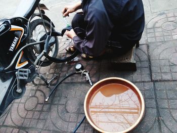 High angle view of man on table