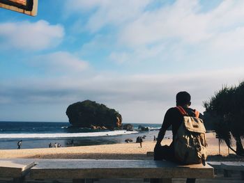 Rear view of man standing at beach against sky