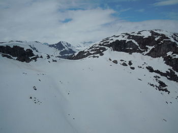 Scenic view of snow covered mountains against sky