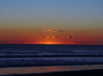 Scenic view of sea against clear sky at sunset