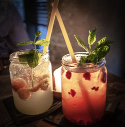 Close-up of drinks in glasses on table