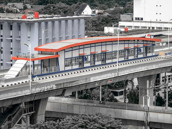 Train on bridge in city