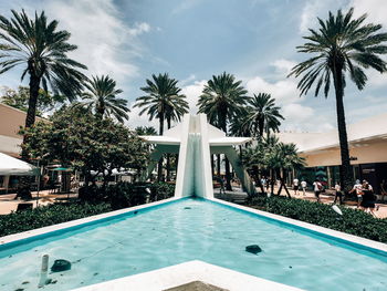 Palm trees by swimming pool against sky