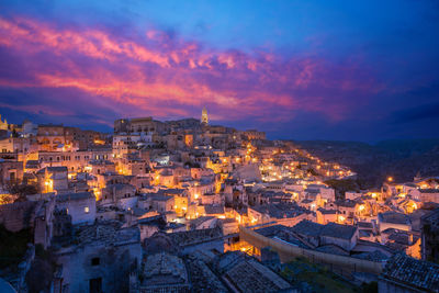 The old town of matera, basilicata, southern italy during a beautiful sunset.	