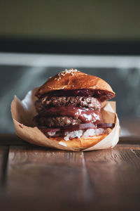 Close-up of burger on table