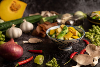 Close-up of fruits and vegetables on table