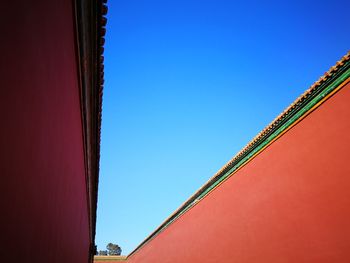 Low angle view of roof and building against clear blue sky