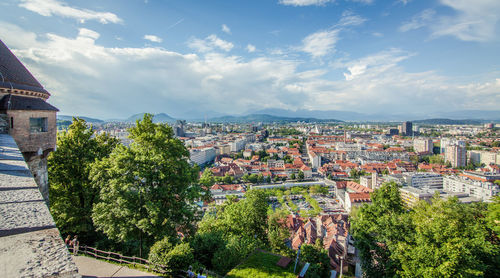High angle shot of townscape against sky