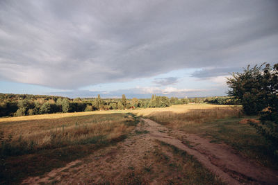 Dirt road amidst field against sky