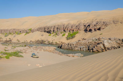 Scenic view of desert against clear blue sky