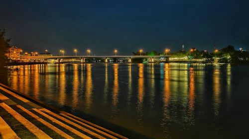 Illuminated bridge over river in city at night