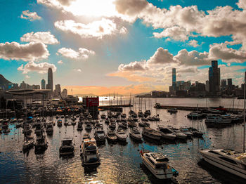 Panoramic view of boats moored at harbor