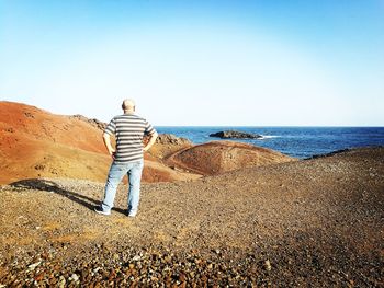 Rear view of man standing on beach against clear sky